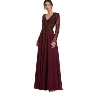 Mac Duggal Embellished Illusion V Neck Long Sleeve Gown NWT Size 18